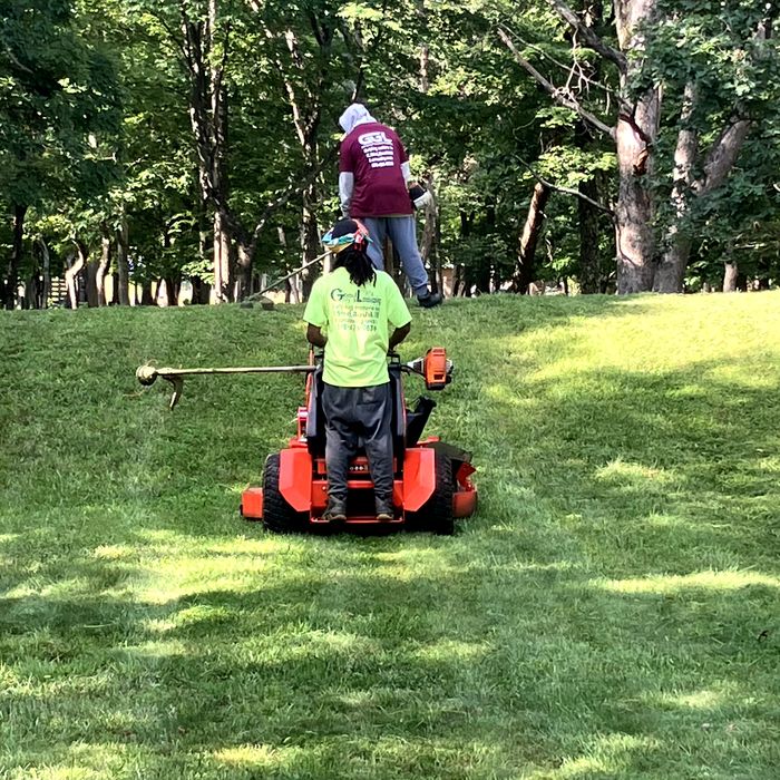 Stand-on mower cutting a shaded back lawn
